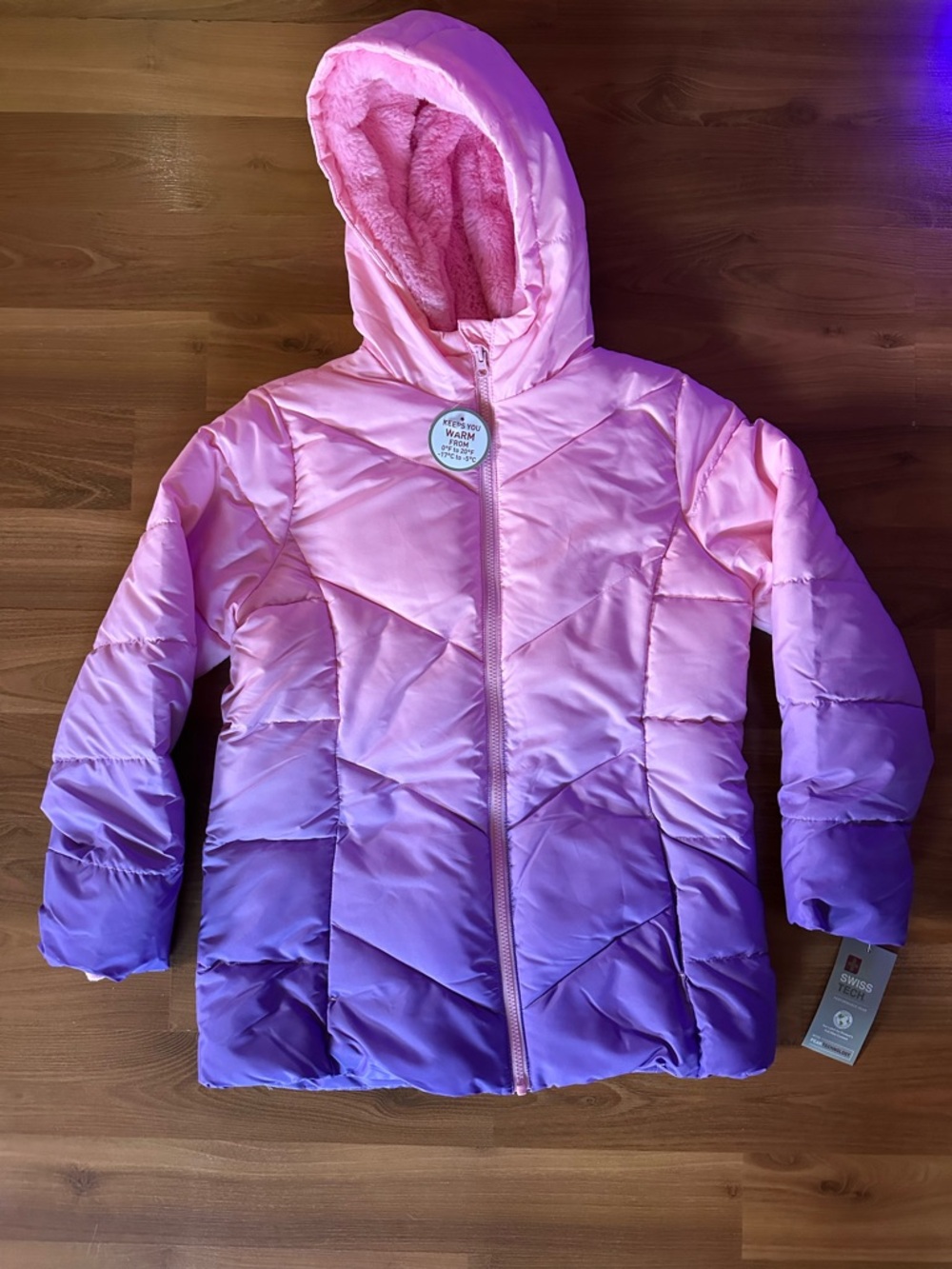 Swiss Tech Girls Pink to Purple Ombre Hooded Puffer Jacket